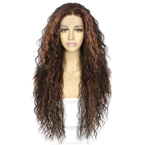 Sapphirewigs Lockige Lace Front Perücke Schokolade Braun Synthetische Perücken für Frauen Braun 13x3 Tägliche Tragen Party Weihnachten Halloween Hitzebeständige 26 inch von Sapphirewigs