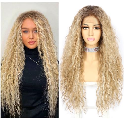 Sapphirewigs Lockige Lace Front Perücke Blonde Highlight Synthetische Perücken für Frauen Dunkle Wurzeln 13x3 Tägliche Tragen Party Weihnachten Halloween Hitzebeständige 26 inch von Sapphirewigs