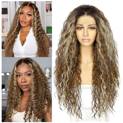 Sapphirewigs Lockige Lace Front Perücke Ombre braun Synthetische Perücken für Frauen 13x3 Tägliche Tragen Party Weihnachten Halloween Hitzebeständige 26 inch von Sapphirewigs