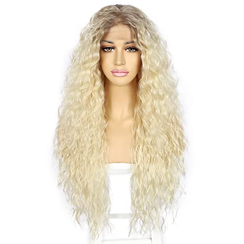 Sapphirewigs Loose Wave Lace Front Perücke 613 Blonde Curly Synthetische Perücken für Frauen 13x3 Tägliche Tragen Party Weihnachten Halloween Hitzebeständige 26 inch von Sapphirewigs
