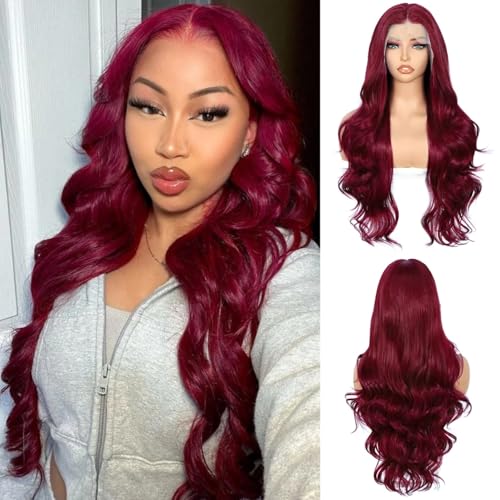 Sapphirewigs Rote Lace Front Perücke 13x4 Synthetische Körper Welle Perücken Damen Party Datum Tägliche Tragen Natürliche aussehende Weihnachten 26inch von Sapphirewigs