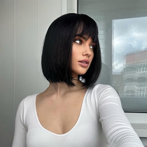Sapphirewigs Schwarz Bob Perücken für Frauen Perücke mit Bangs Kurze Schwarz Bob Haare Tägliche Party Natürliche aussehende 12 inch von Sapphirewigs