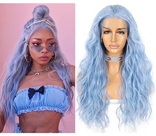 Sapphirewigs Lace Front Perücken für Frauen Hellblau Wellige synthetische Perücke 13x3 Spitze Vorne Lange Haare Cosplay Party Daily Wear Hitzebeständige 24 inch von Sapphirewigs