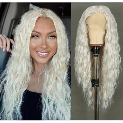 Sapphirewigs Synthetische Lace Front Perücke Platin Grau 13x4 Lose Wellige Perücken für Frauen Lange Haare Hitzebeständig 26 inch von Sapphirewigs