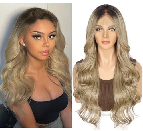 Sapphirwigs Hell Braun Lace Front Perücke Dunkelbraun Synthetische Körper Welle Perücke Damen Party Datum Täglich Tragen Natürlich Aussehen Weihnachten 26 inch von Sapphirewigs