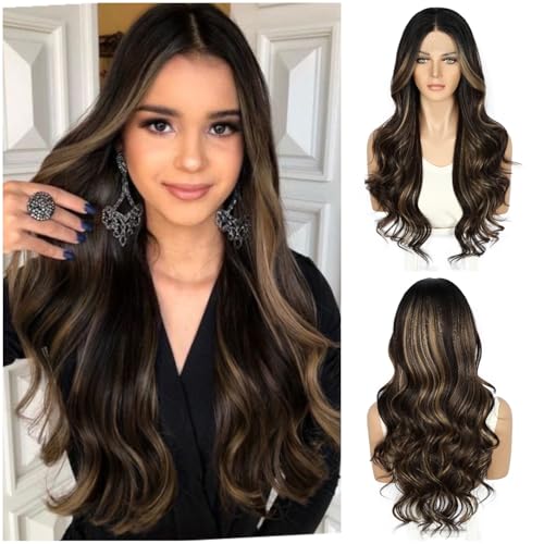 Sapphirwigs Highlight Lace Front Perücke Dunkelbraun Synthetische Körper Welle Balayage Perücken Damen Party Datum Täglich Tragen Natürlich Aussehen Weihnachten 26 inch von Sapphirewigs
