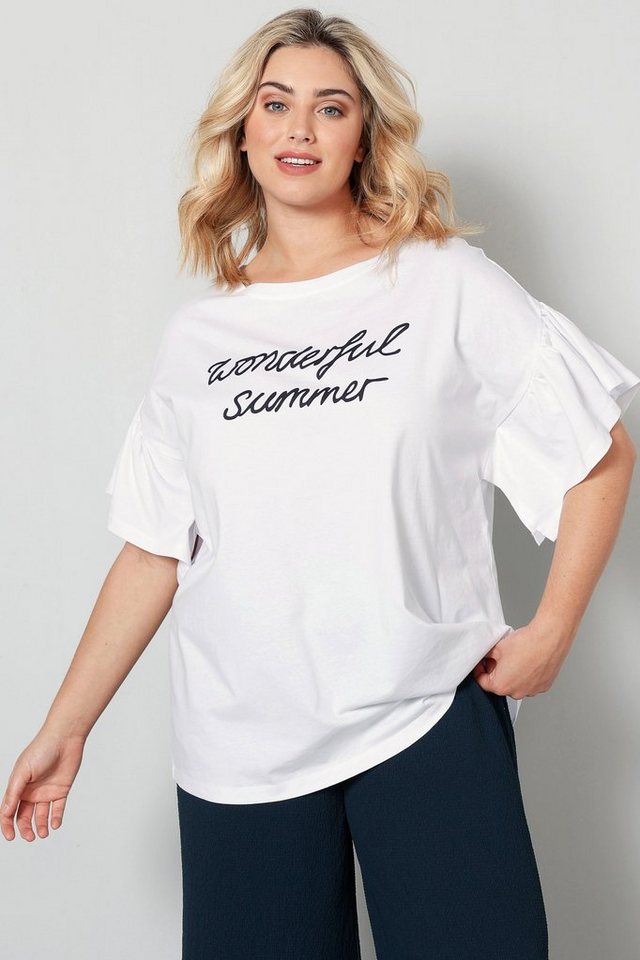 Sara Lindholm Rundhalsshirt T-Shirt oversized Schriftzug Rüschen-Halbarm von Sara Lindholm