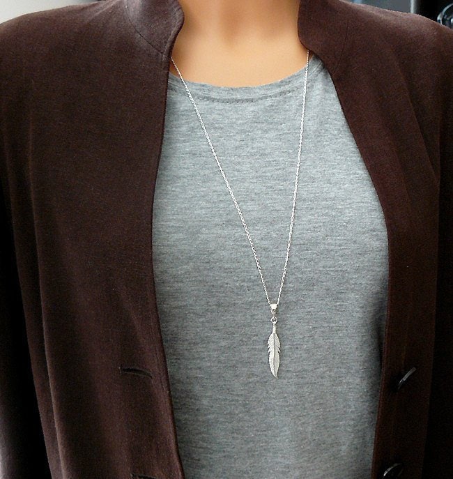 Feder Halskette - Lange Sterling Silber 925, Feder von SaraAndJane