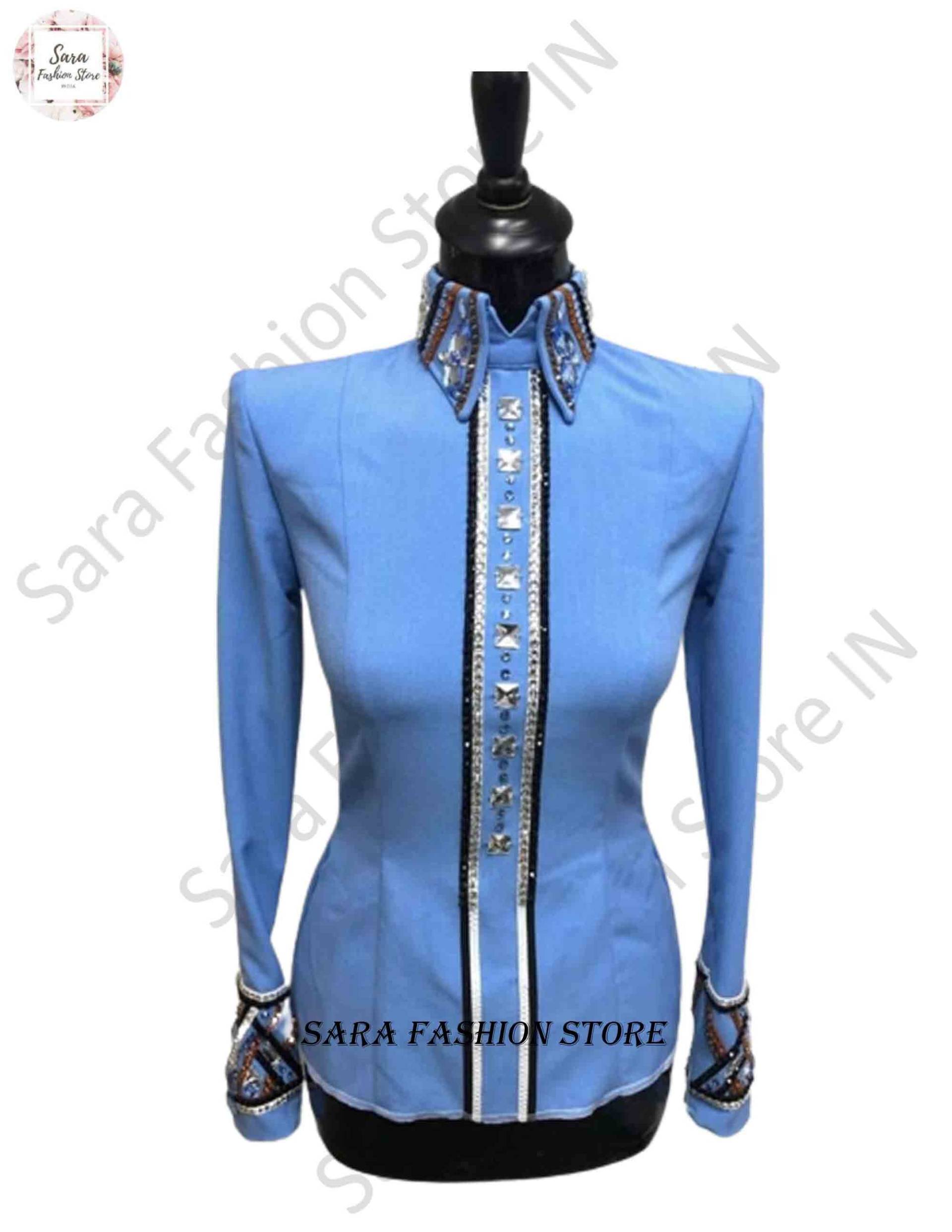 Himmelblaue Retro-Shirts. Western-Damen-Turniershirt. Western-Damen-Turniershirt Türkis Mit Brille, Steinen, Rodeo-Queen. Westernpleasureshow-Shirt von SaraFashionStoreIN