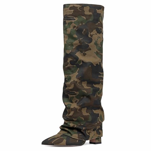 SaraIris Damen Slouchy Kniehohe Stiefel Schwarz Spitz Zehen Fold Over Chunky Shark Boots, 2 Camouflage, 41 EU von SaraIris