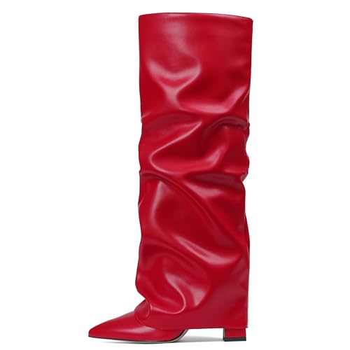 SaraIris Damen Slouchy Kniehohe Stiefel Schwarz Spitz Zehen Fold Over Chunky Shark Boots, 2 Red PU, 36 EU von SaraIris