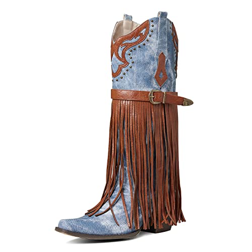 SaraIris Damen Western Bootie Fashion Pointed Toe Chunky Heel Bestickt Fransen Pull On Mid Calf Boots 7.0 cm Knee High PU Denim Gummi, 1 x Blau, 37.5 EU von SaraIris