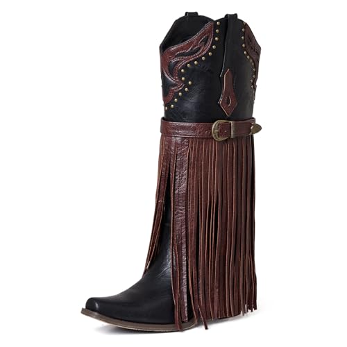 SaraIris Damen Western Bootie Fashion Pointed Toe Chunky Heel Bestickt Fransen Pull On Mid Calf Boots 7.0 cm Knee High PU Denim Gummi, 1 x Schwarzbraun, 39 EU von SaraIris