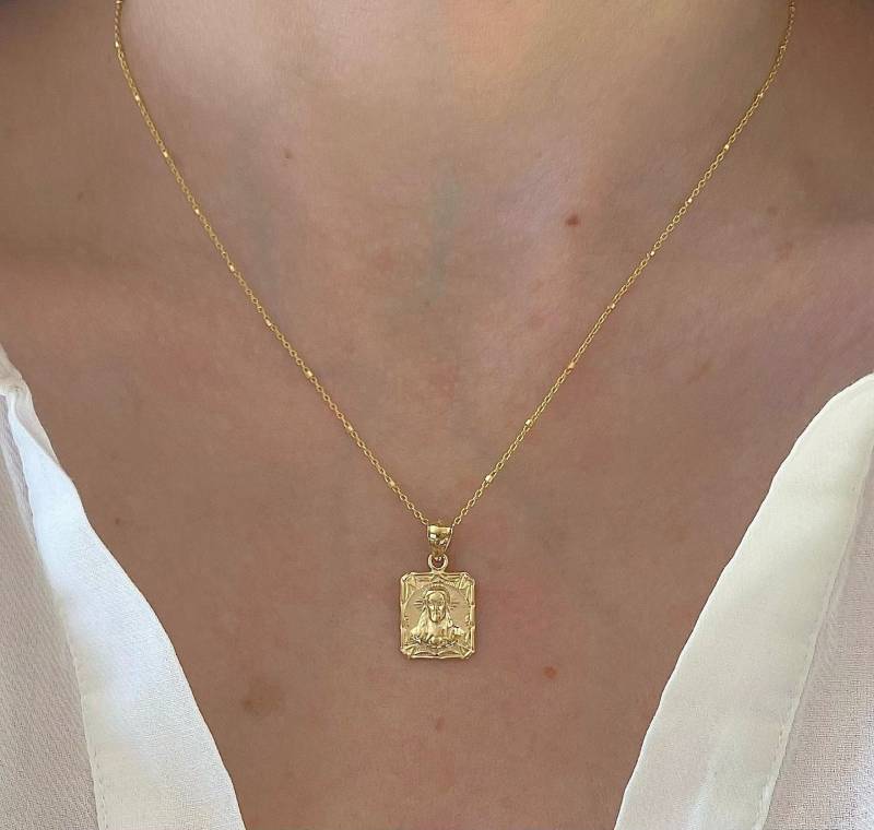 14K Solid Gelb Gold Rechteck Jesus Christus/Jungfrau Maria Platte Charm Anhänger | Doppelseitiger Schutz von SaraKayJewelry