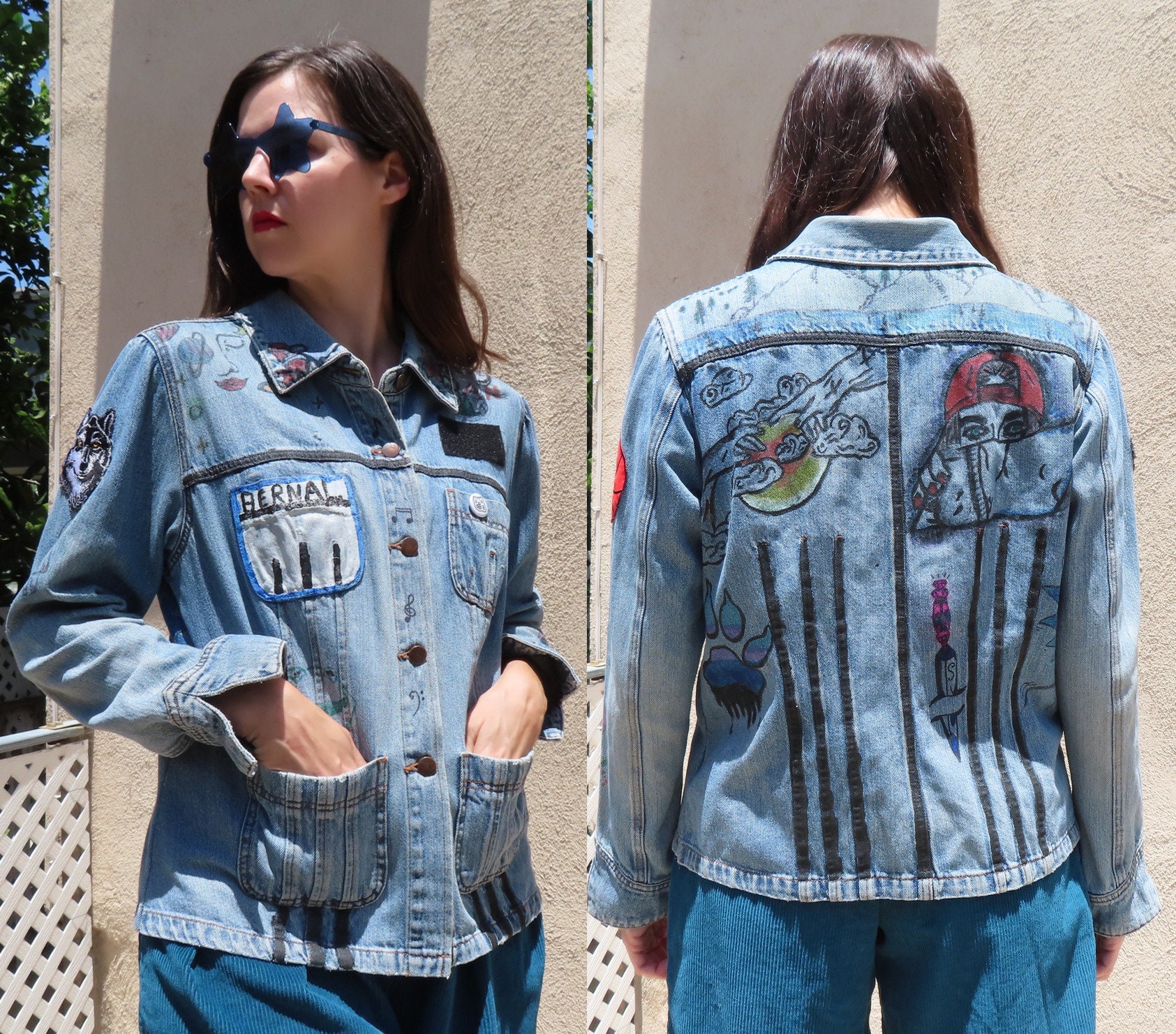 1990S Bemalte Jeansjacke Herz Rose Wolf Basketball Alien Handbemalte Größe Xl Extra Large - 109cm Brustumfang 1990S Bemalte Jeansjacke Herz Rose Wolf Basketball Alien Handbemalte Größe Xl Extra Large - 109cm Brustumfang von SaraLouiseVintage