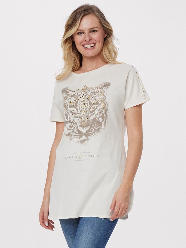 Sarah Kern Langarmshirt Kurzarmshirt Figurumspielend mit auffälligem Tiger-Motiv von Sarah Kern