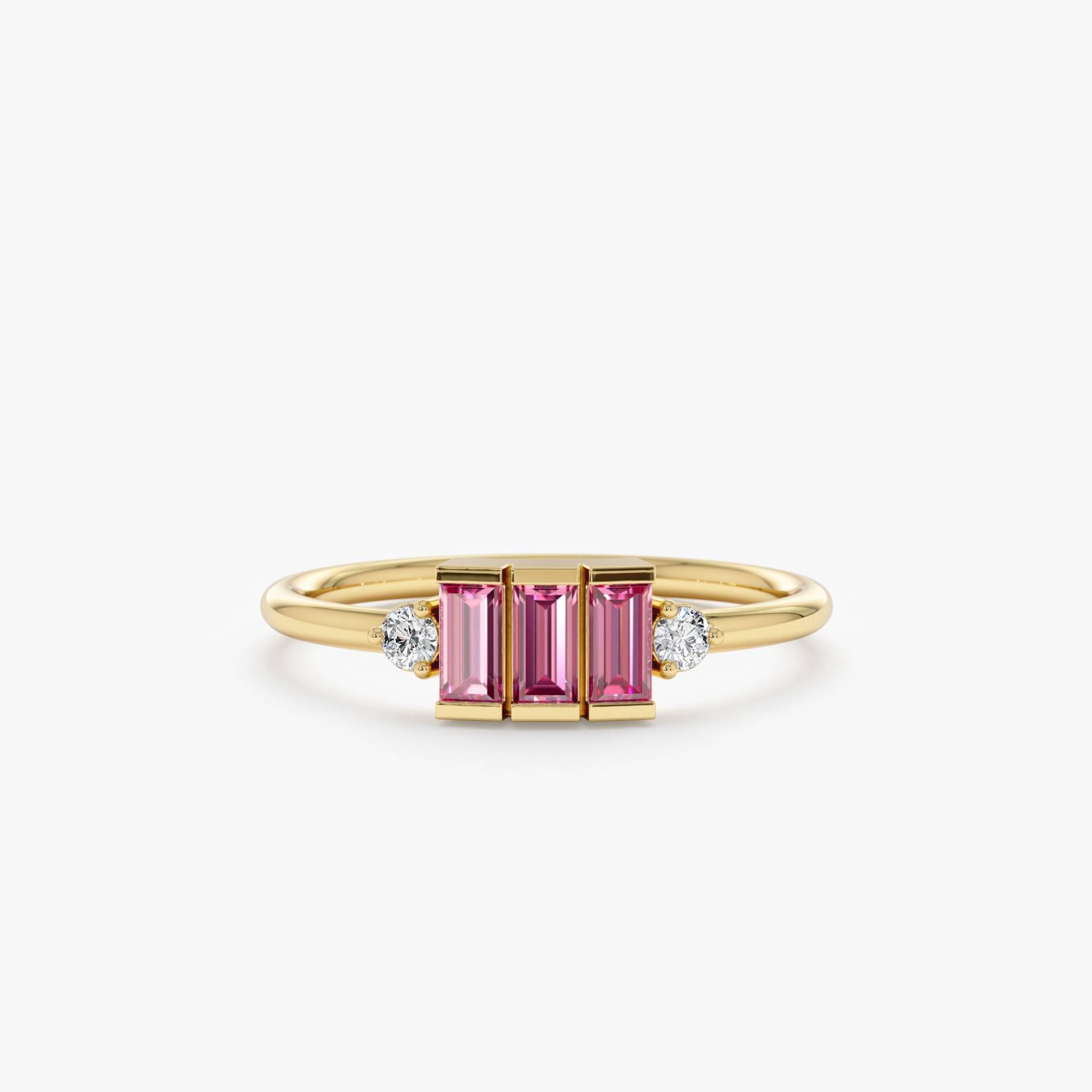 14K Gold Rosa Saphir Ring, Solid Diamant Baguette Und Runde Form Edelsteine, Verlobungsring, Ehering, Barbie von SarahEliseJewelry