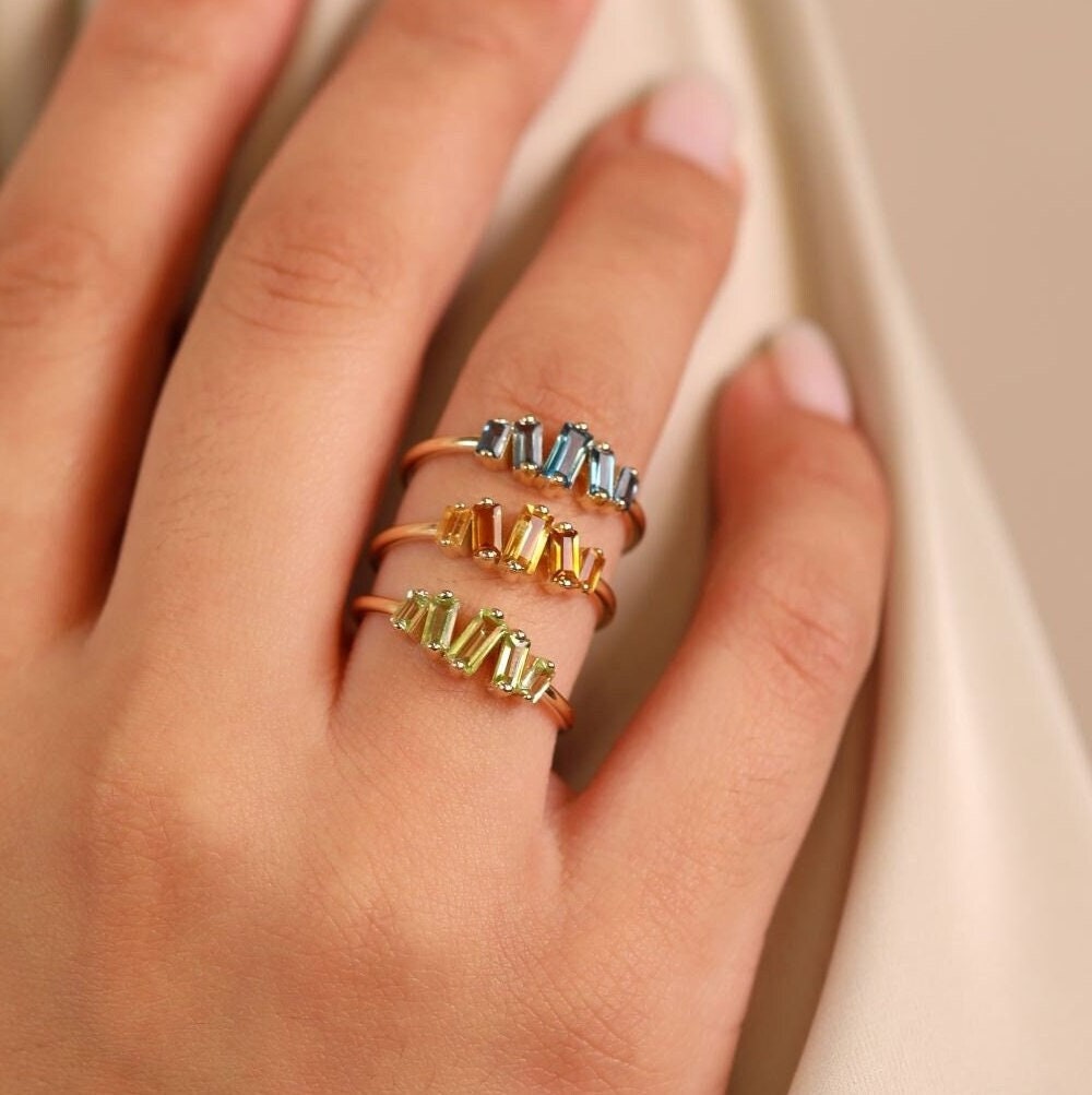 14K Solid Gold Cluster Ring, Natürlicher Edelstein Blautopas, Peridot, Citrin, Gelb, Rose, Weißgold, Geburtsstein, Baguetteschliff, Lupita von SarahEliseJewelry