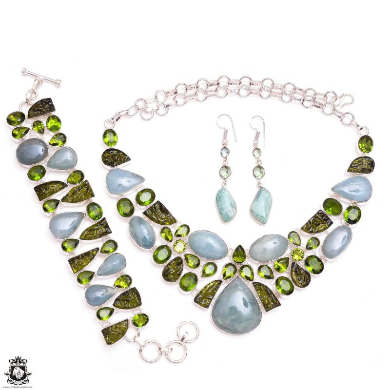 Entspannend Und Beruhigend Aquamarin Peridot Fein 925 Sterling Silber Armband Halskette Baumeln & Tropfen Ohrringe Set1106 von SarahsDesignJewelry