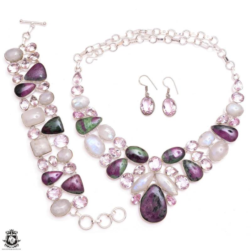 Klasse Wahl Rubin Zoisit Mondstein Rosenquarz Fein 925 Sterling Silber Halskette Armband & Ohrringe Set1113 von SarahsDesignJewelry