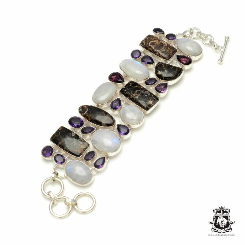 Versteinerter Turritella Achat Mondstein Amethyst 925 Sterling Silber Armband B3067 von SarahsDesignJewelry