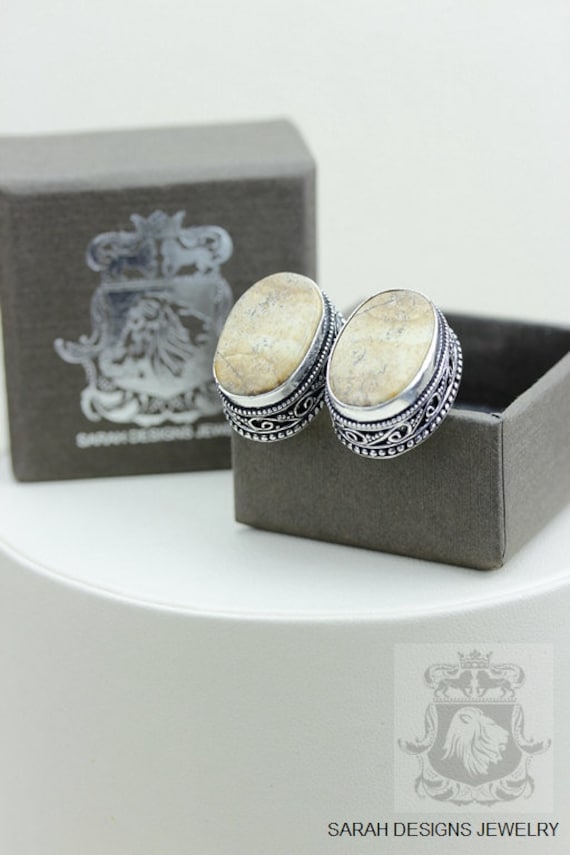 Vintage Filigrane Antike 925 Sterling Silber Unisex Manschettenknöpfe Herren Bild Jasper Mit Poliertuch von SarahsDesignJewelry