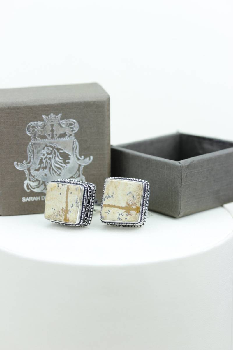 Vintage Filigrane Antike 925 Sterling Silber Unisex Manschettenknopf Herren Manschettenknöpfe Bilder Jaspis Mit Poliertuch von SarahsDesignJewelry