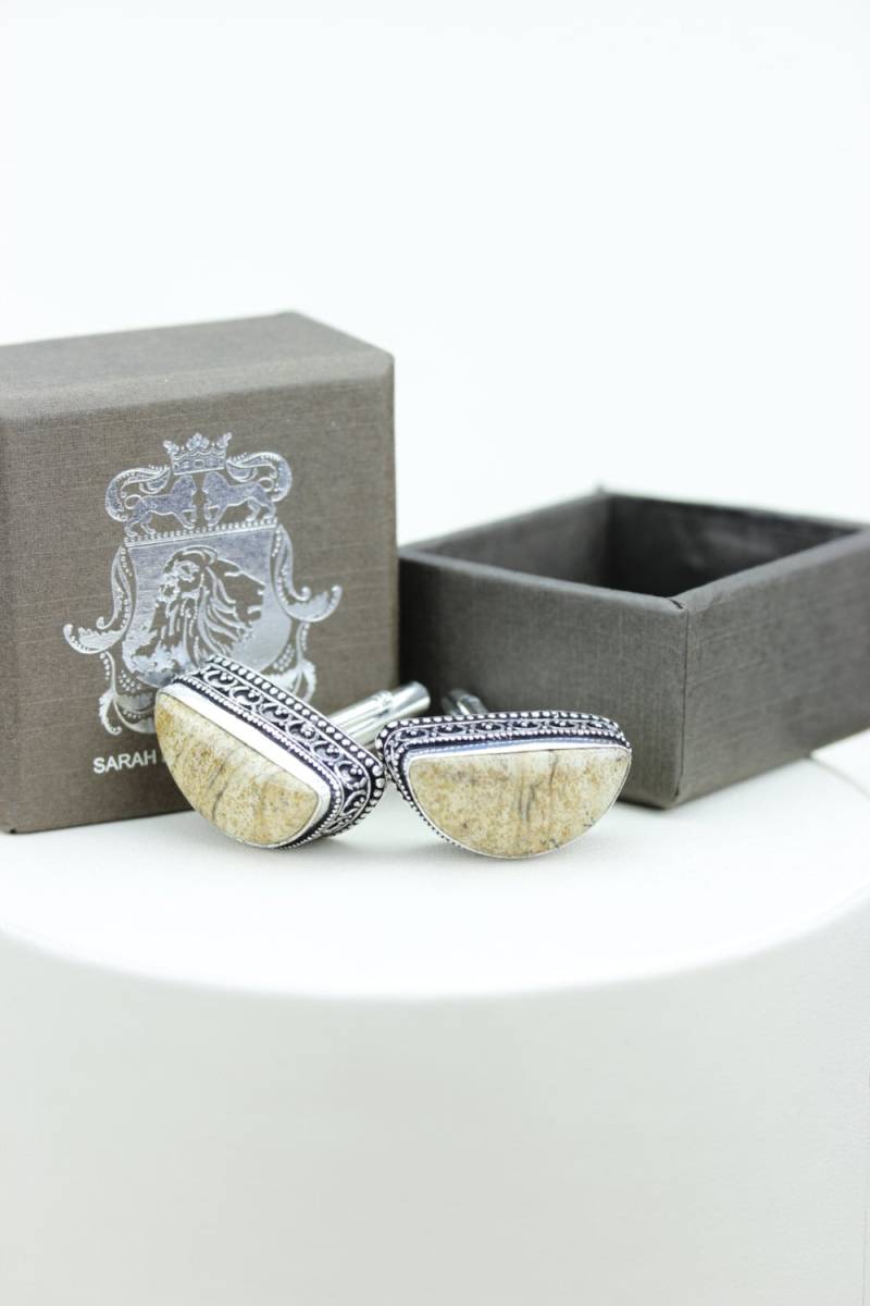 Vintage Filigrane Antike 925 Sterling Silber Unisex Manschettenknopf Herren Manschettenknöpfe Bilder Jaspis Mit Poliertuch von SarahsDesignJewelry