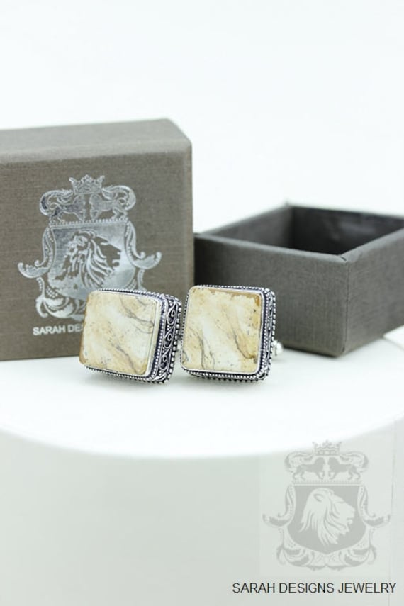 Vintage Filigrane Antike 925 Sterling Silber Unisex Manschettenknopf Herren Manschettenknöpfe Jaspis Accessoires von SarahsDesignJewelry