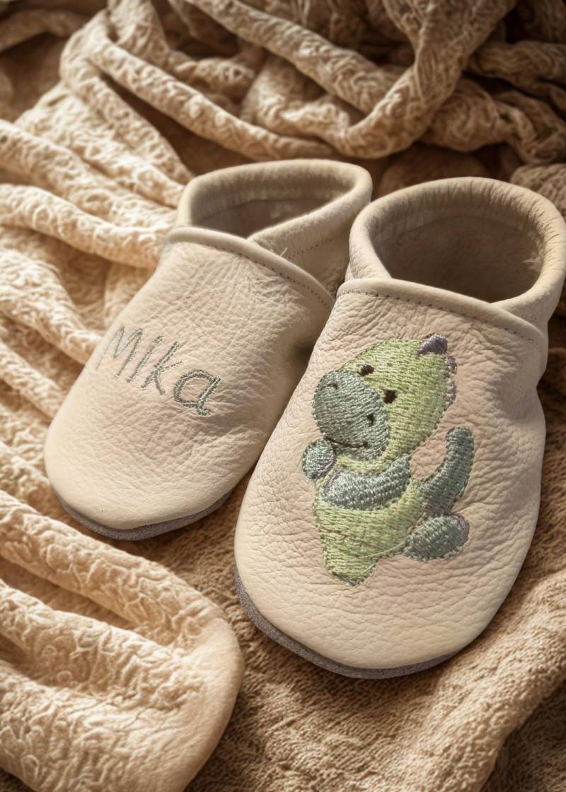 Lauflernschuhe, Krabbelschuhe Mit Namen, Personalisiert, Bestickt, Krabbelpuschen, Lederpuschen, Geschenk Zur Geburt Dino Dinosaurier Rex Krokodi von SarahsStichwerk