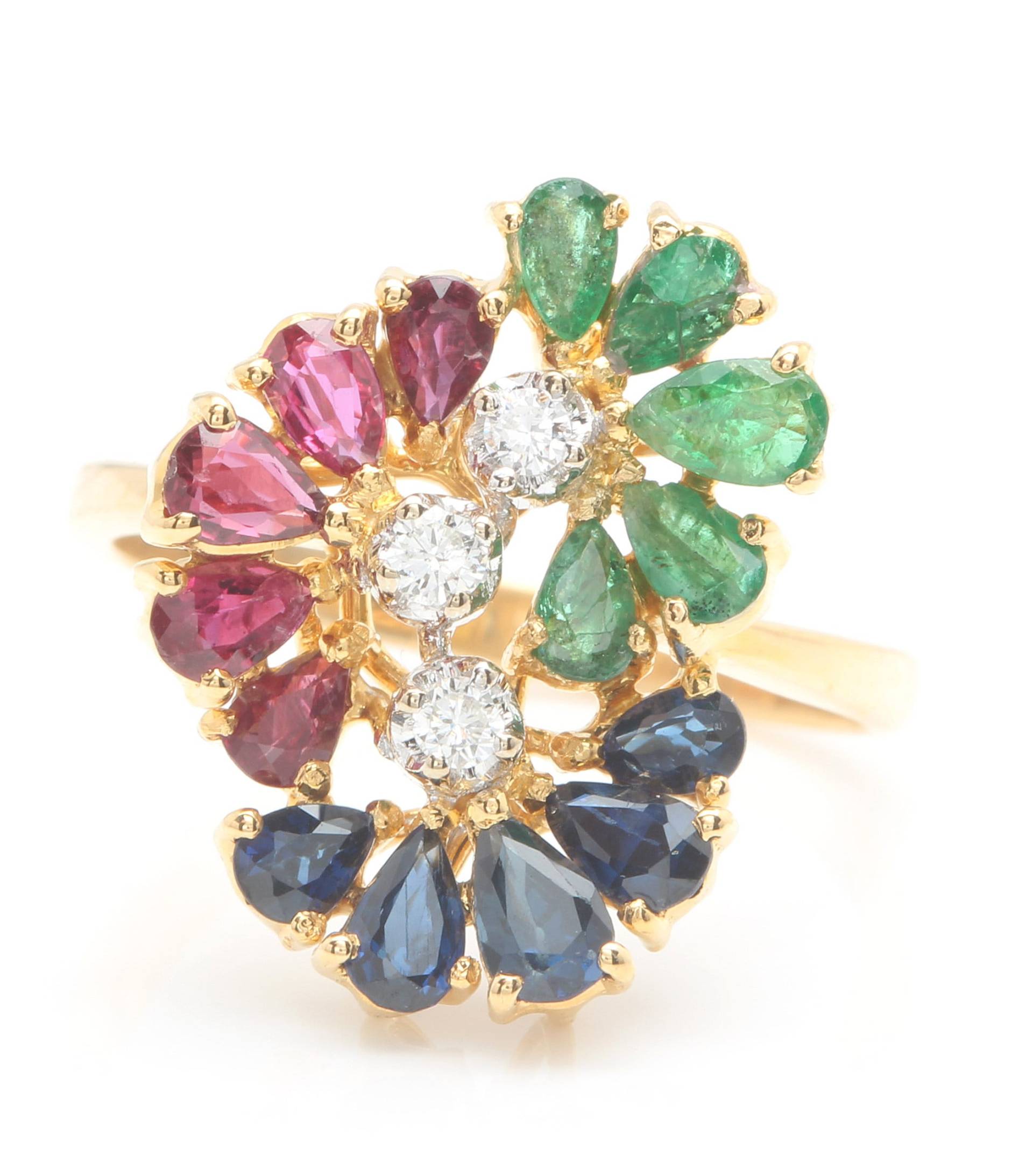 1.60 Ct Natürlicher Saphir Rubin Smaragd Und Diamanten in 18K Gelbgold Ring von Saranied81