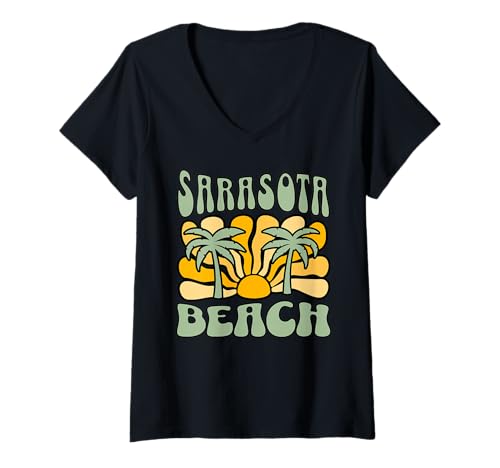 Damen Sarasota T-Shirt mit V-Ausschnitt von Sarasota Beach Florida Surfing Surf Ocean Vintage