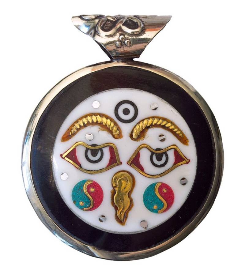 Saraswati Amulett Anhänger "Om Mani Padme Hum" Weissmetall schwarz 4,0x4,5cm von Saraswati