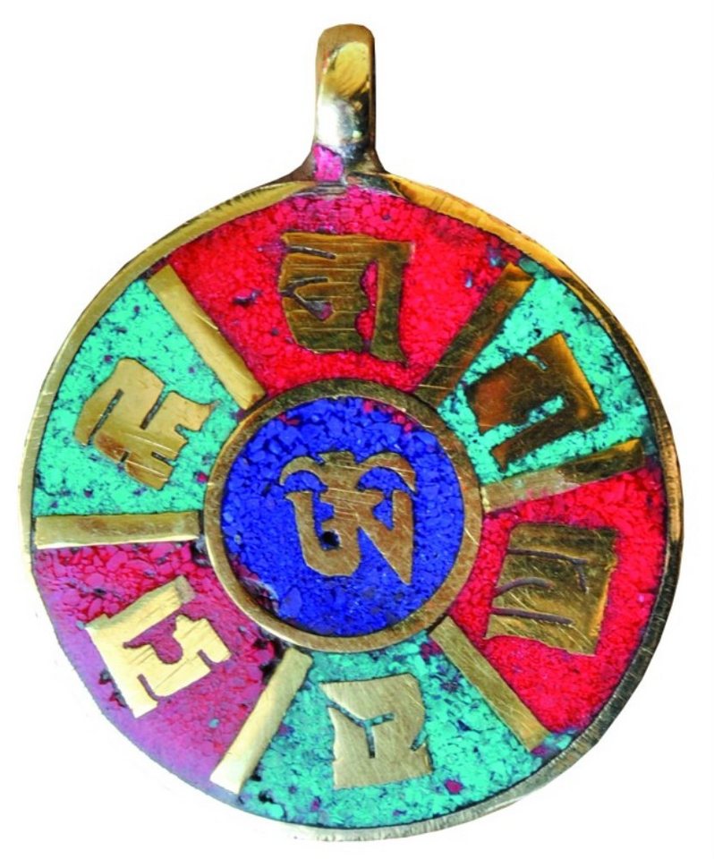 Saraswati Amulett Anhänger "Om Mani Padme Hum" grün/rot Messing rund 2,5cm von Saraswati