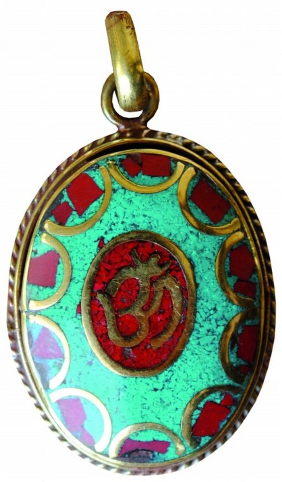 Saraswati Amulett Anhänger "Om" grün/rot Messing oval 2x3cm von Saraswati