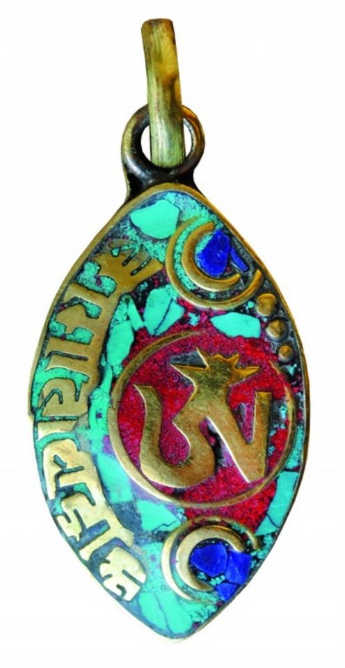 Saraswati Amulett Anhänger "Tibet-Om" grün/rot Messing oval 2x3cm von Saraswati