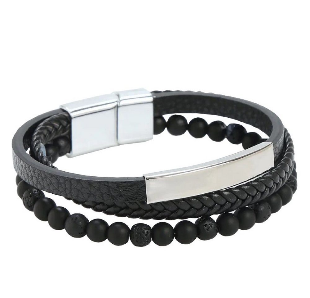 Saraswati Armband Herren Armband 3 Strang, Lavasteinperlen, Leder mit Magnetverschluss von Saraswati