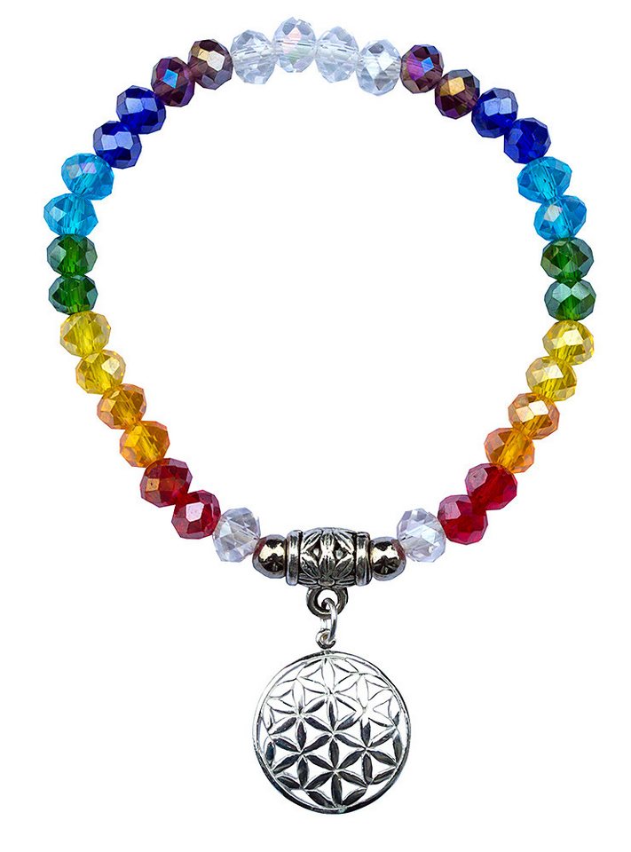 Saraswati Armkette Tikra "Blume des Lebens Rainbow" Kristallglasperlen/Messing versilbert von Saraswati