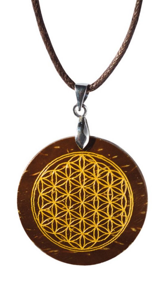 Saraswati Kette mit Anhänger Halskette Gravur "Blume des Lebens" Kokus Ø3cm von Saraswati