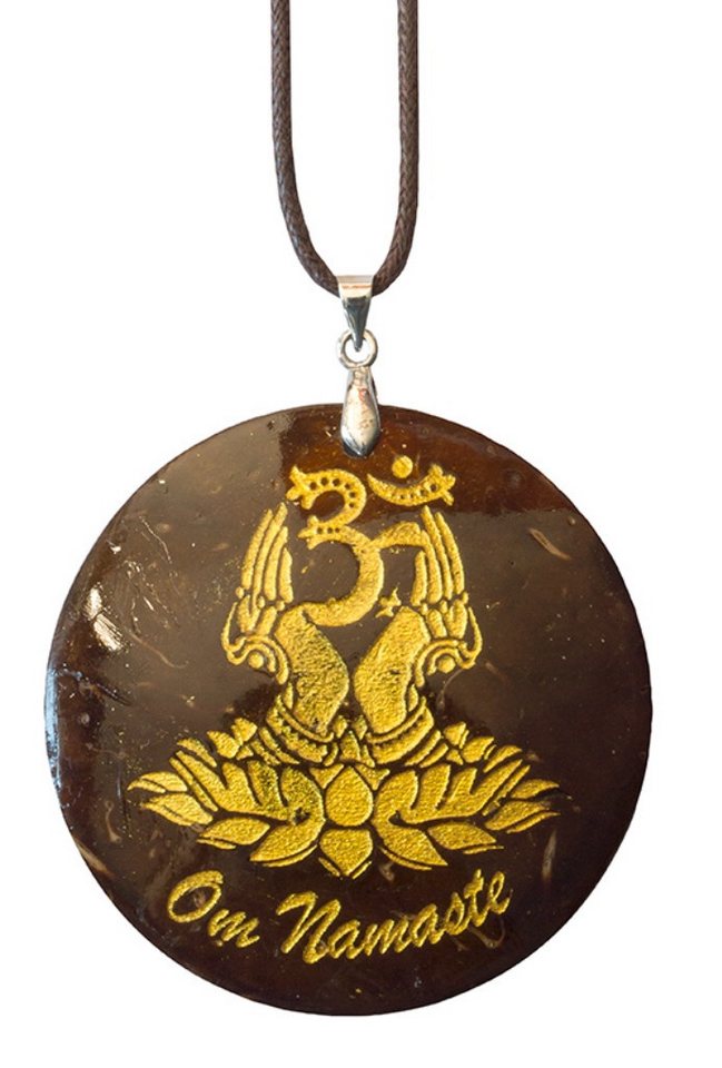 Saraswati Kette mit Anhänger Halskette "Om Namaste" Coconut gold lackiert 5cm von Saraswati