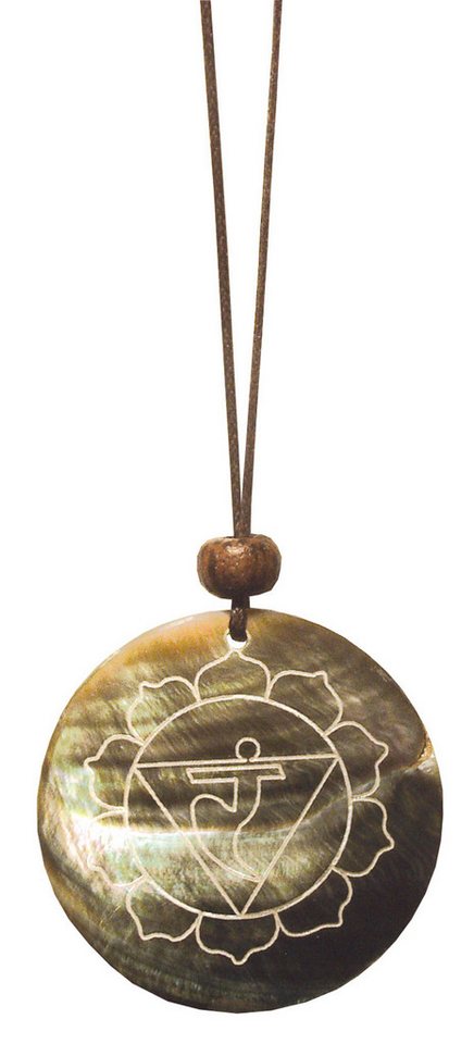 Saraswati Kette mit Anhänger Muschelschmuck mit Gravur "Manipuram Chakra" 4cm von Saraswati