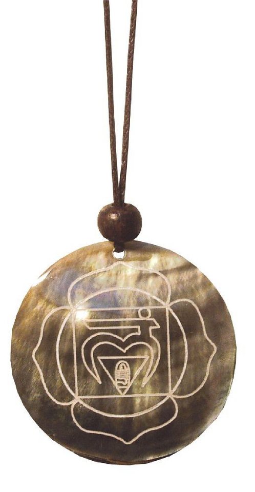 Saraswati Kette mit Anhänger Muschelschmuck mit Gravur "Muladhara Chakra" 4cm von Saraswati