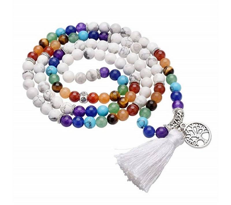 Saraswati Lange Kette Mala "Chakra Lebensbaum" 108 Howlith- und Chakra Edelsteine mit Metall von Saraswati