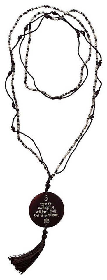 Saraswati Lange Kette Mala "Gayathri Mantra" Glasperlen schwarz mit gelaserter Muschelscheib von Saraswati
