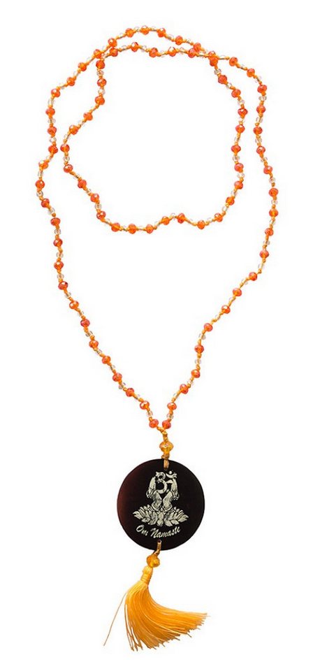 Saraswati Lange Kette Mala "Om Namaste" Glasperlen Orange mit gelaserter Muschelscheibe (4c von Saraswati