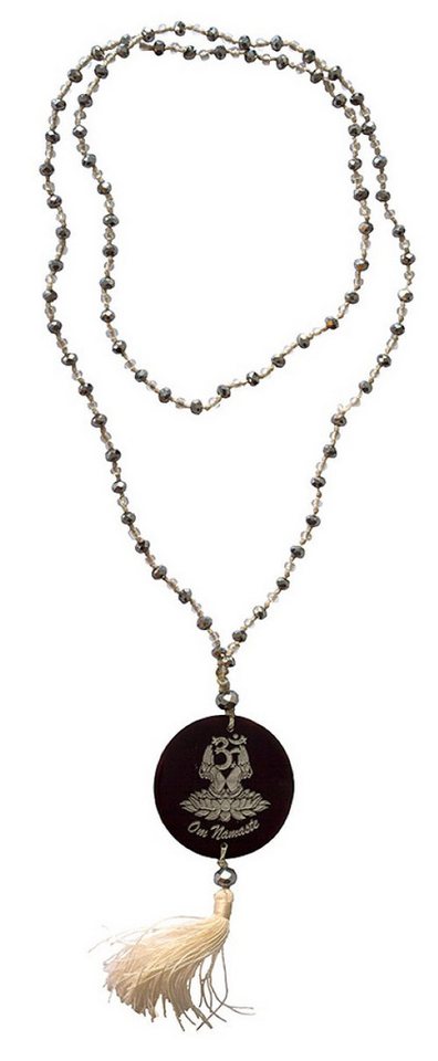 Saraswati Lange Kette Mala "Om Namaste" Glasperlen silberfarben mit gelaserter Muschelscheib von Saraswati