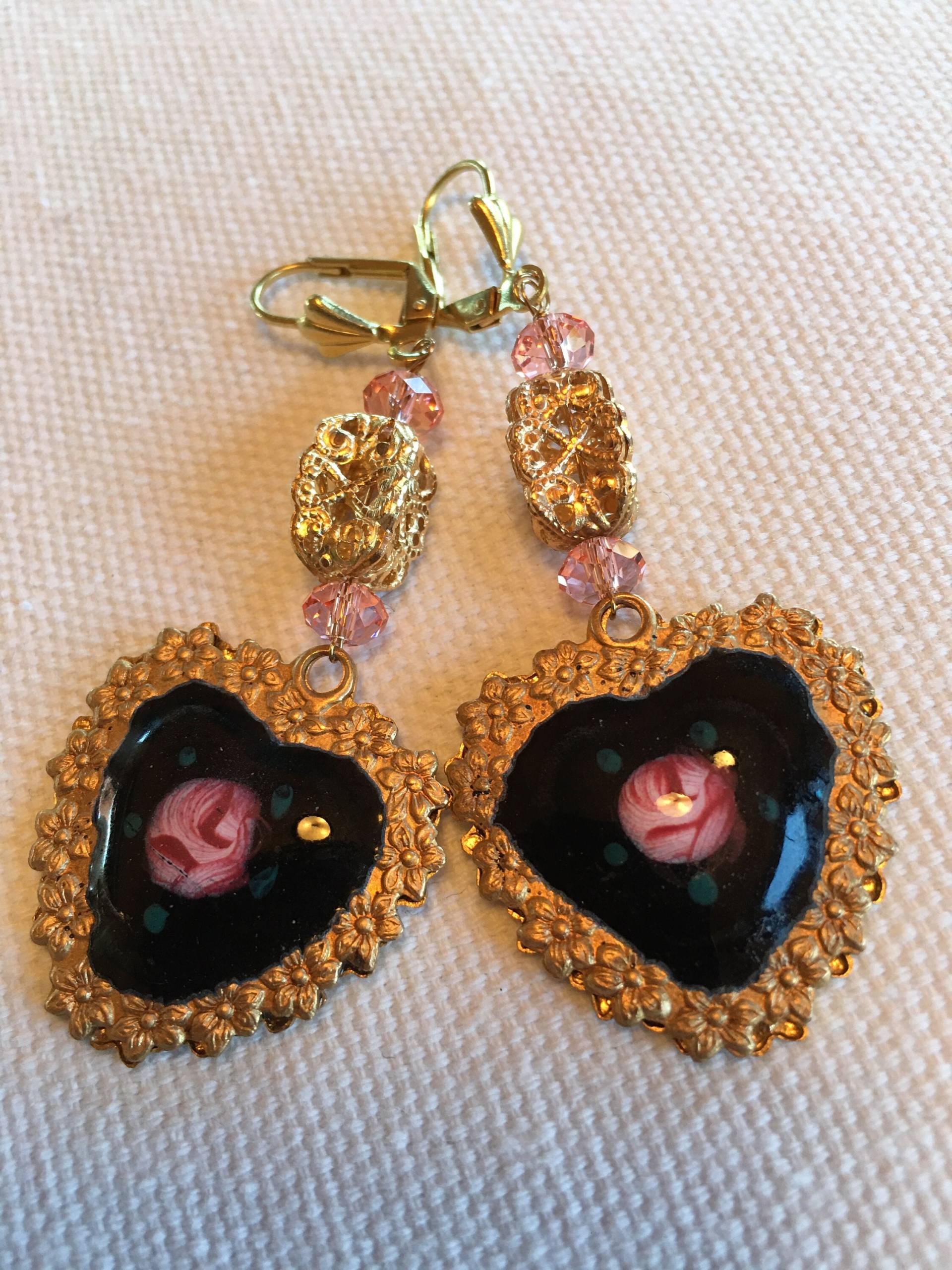 Seltene Vintage Handbemalte Japan Herz Ohrringe von SaraswatiBijoux