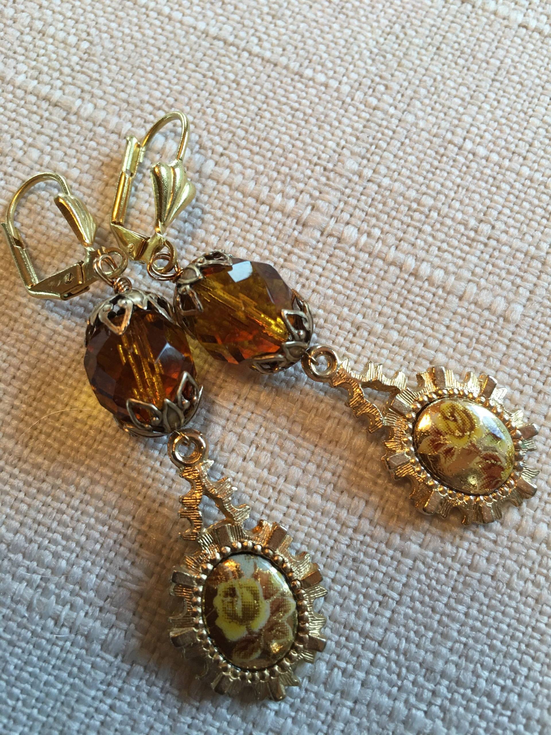 Vintage Blumen Limoges Glas Anhänger Und Bernstein Ohrringe von SaraswatiBijoux