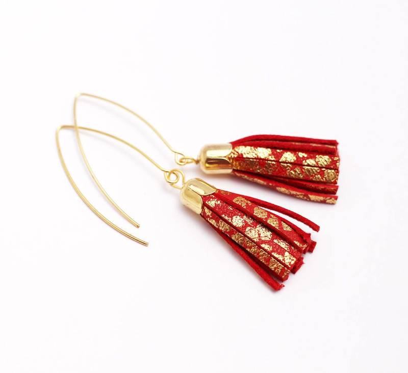 Geschenk Weihnachten Frau - Leder Quaste Ohrringe Rot Und Gold, Vergoldet von Sarayana