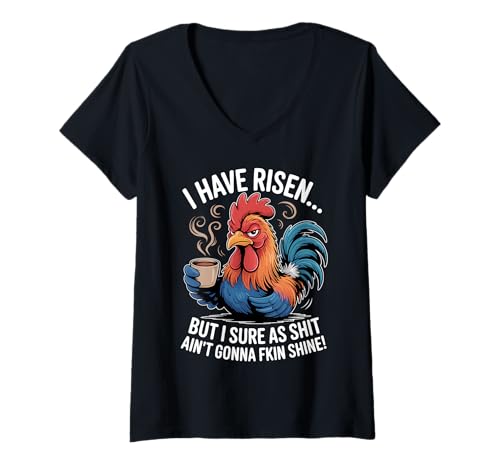 Damen Lustiges T-Shirt mit Hahn, Kaffee, Grumpy Morning Chicken T-Shirt mit V-Ausschnitt von Sarcastic Caffeine Lover Grumpy Rooster Morning